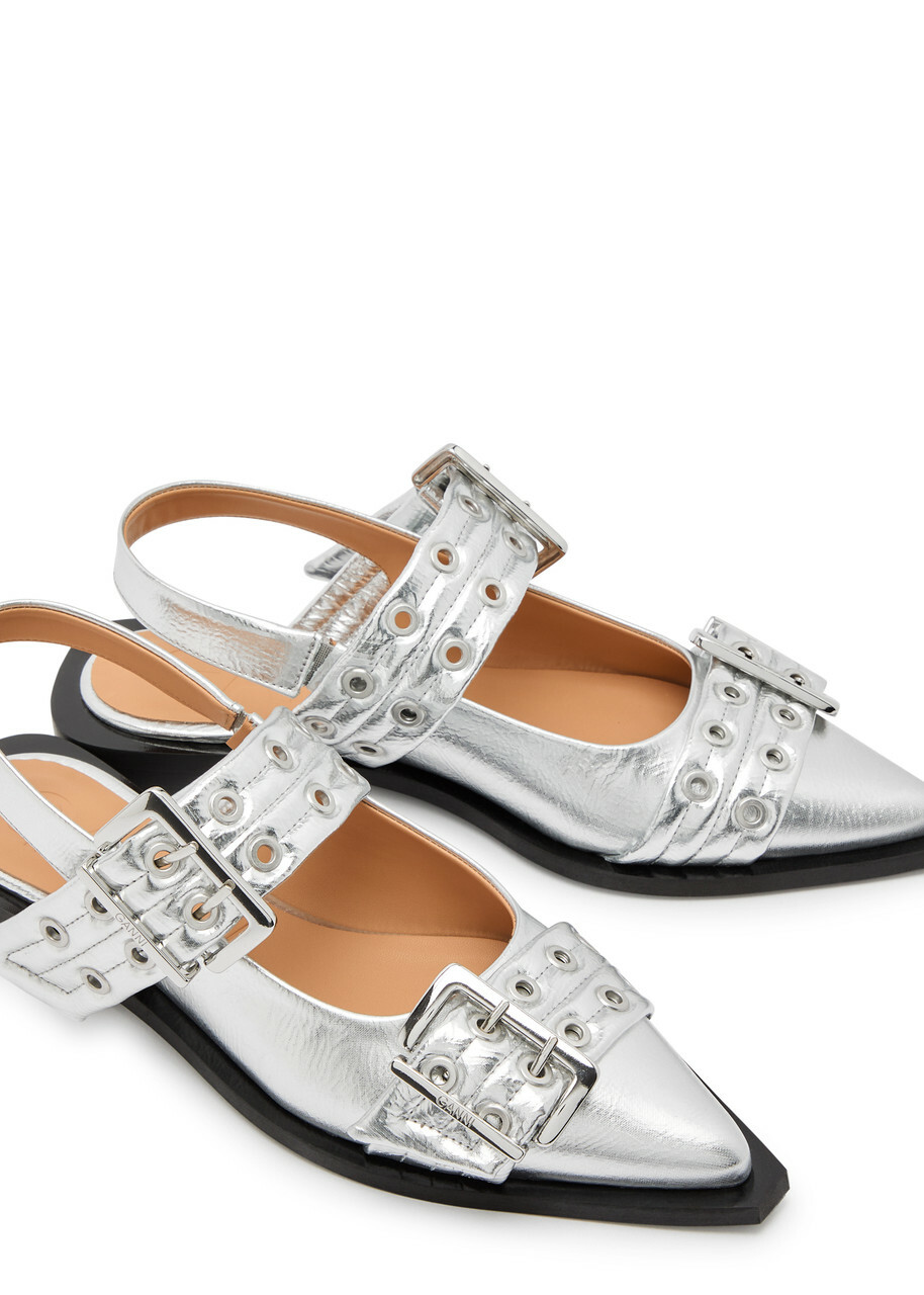 ※関税込【GANNI】Silver llic Feminine Buckle Ballerinas Silver Feminine Buckle Ballerina Flats by GANNI on Sale