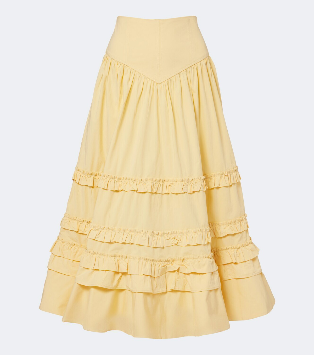 Ganni Ruffled shirred tiered cotton-blend midi skirt