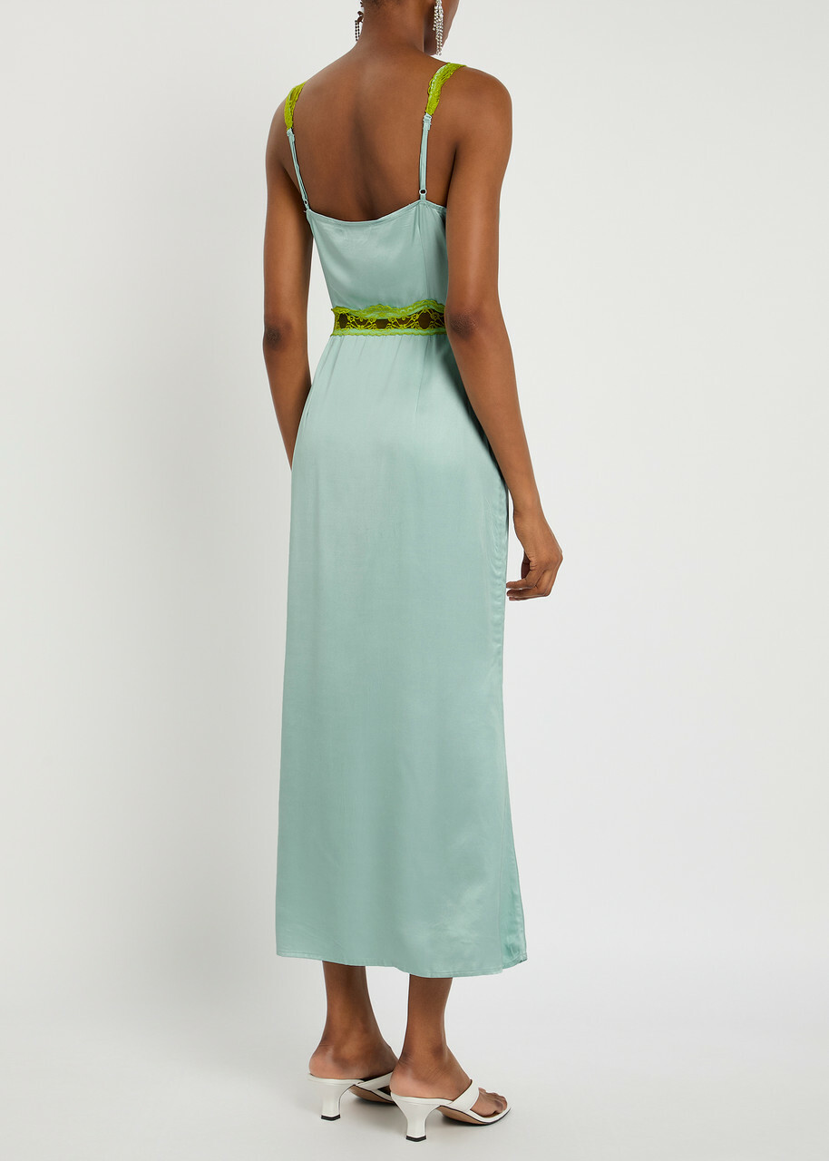 Never Fully Dressed Mimi Lace-trim Satin Midi Dress Blue
