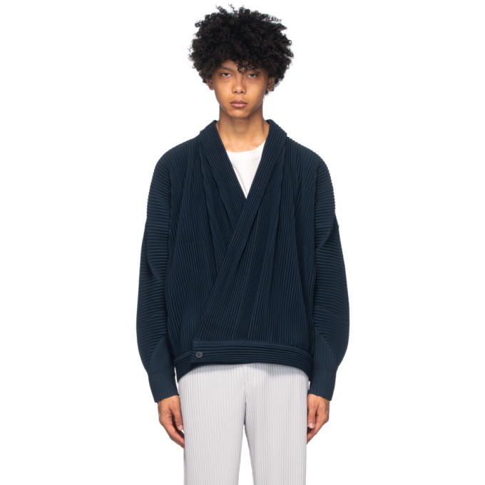 Homme Plisse Issey Miyake Blue Pleated Kimono Cardigan Homme