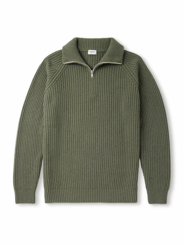 Photo: Ghiaia Cashmere - Ribbed Wool Half-Zip Sweater - Green
