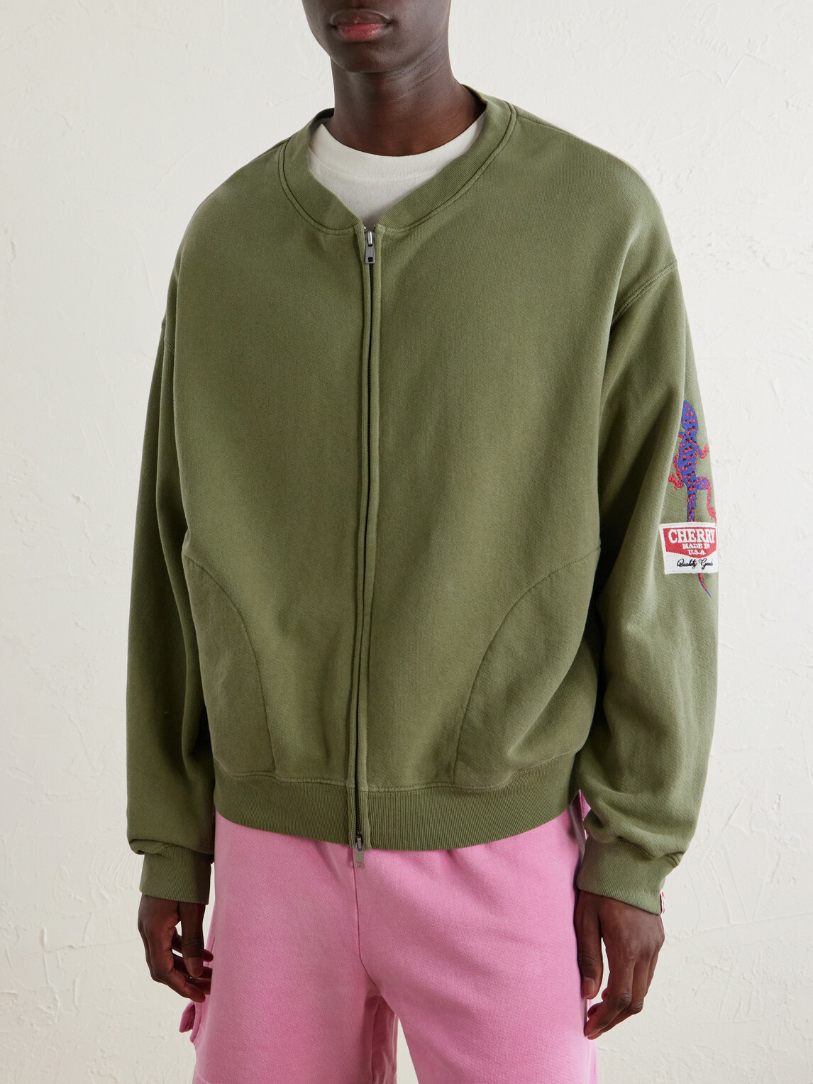 Cherry Los Angeles - Logo-Embroidered Cotton-Jersey Zip-Up Sweatshirt - Green