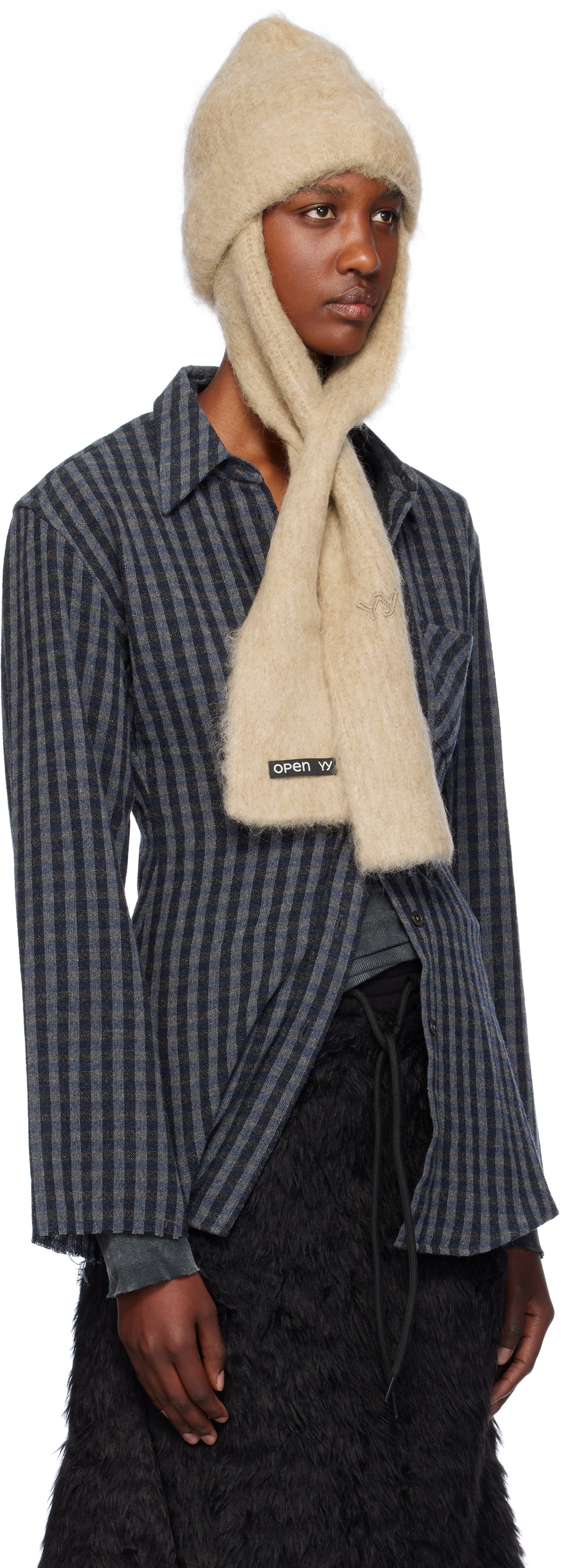 OPEN YY Beige Mohair Scarf Beanie