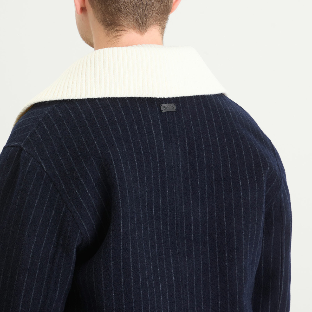 Drôle de Monsieur Men's Drole De Monsieur Pinstripe Coat with Detachable Collar in Dark Navy