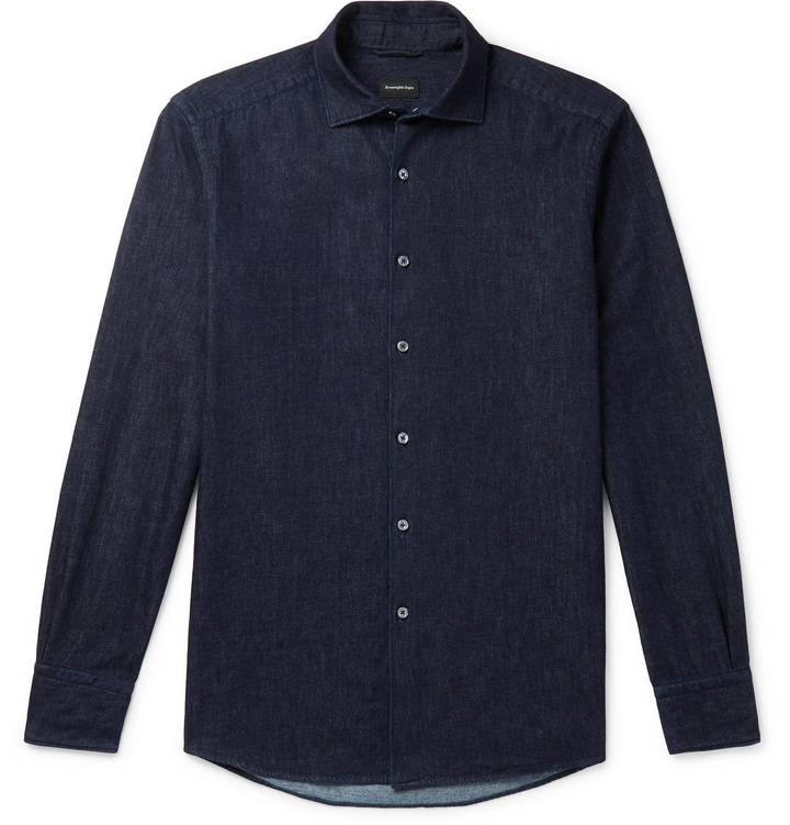 Photo: Ermenegildo Zegna - Slim-Fit Cutaway-Collar Linen and Cotton-Blend Chambray Shirt - Blue