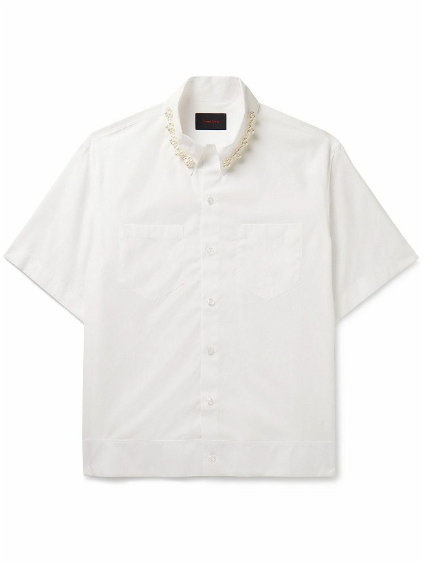 Photo: Simone Rocha - Faux Pearl-Embellished Logo-Print Cotton-Poplin Shirt - White