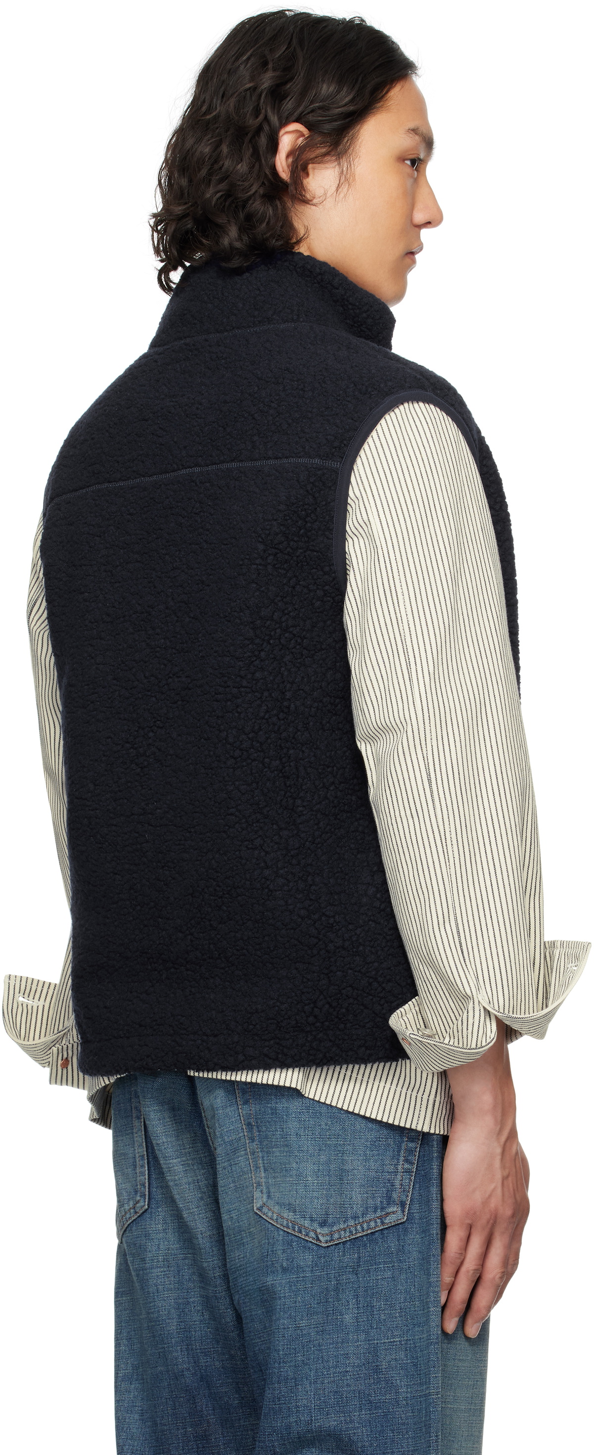 Drake's Navy Boucle Wool Zip Fleece Vest
