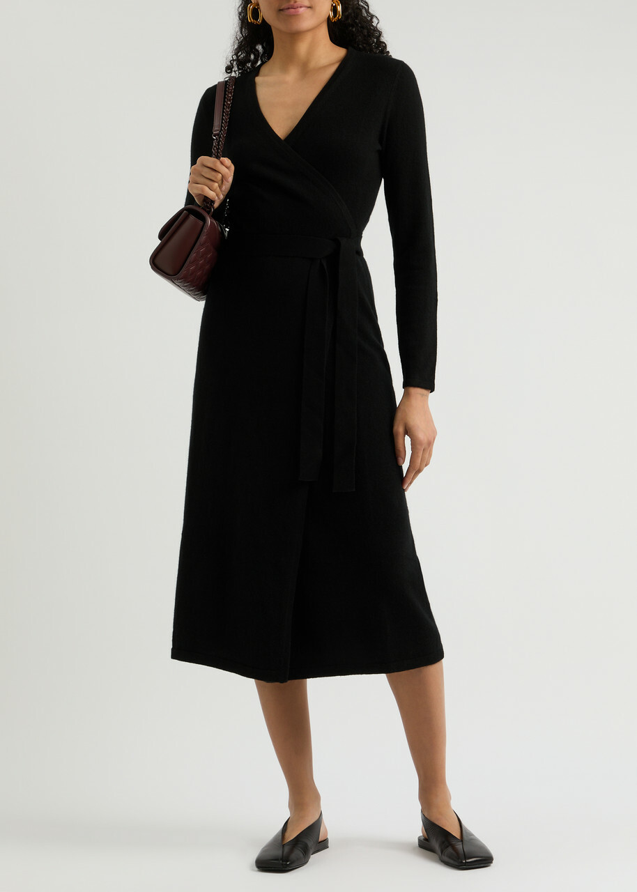 knee length dresses for ladies Black Linen Wrap Midi Dress for Women – Modern Simplicity main image 1