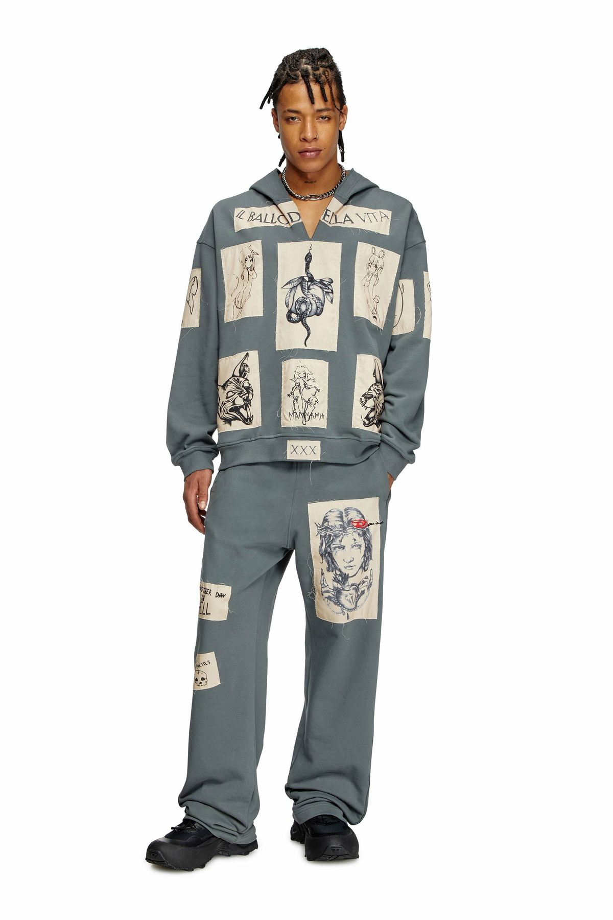 Diesel Hoodie with tattoo patches - Sweaters - Unisex - Grey