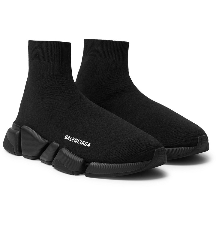 Photo: Balenciaga - Speed 2.0 Logo-Print Stretch-Knit Slip-On Sneakers - Black