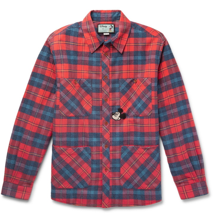 Photo: Gucci - Disney Appliquéd Padded Checked Cotton-Flannel Overshirt - Red