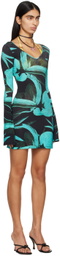 Louisa Ballou Black & Blue Printed Minidress