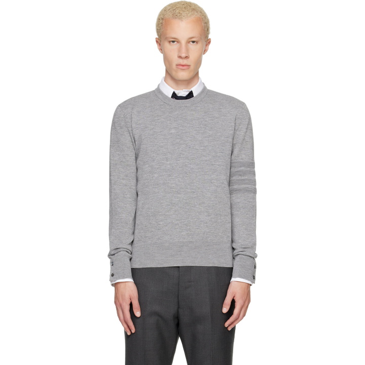 Photo: Thom Browne Gray Ottoman Milano Stitch 4-Bar Bomber Sweater