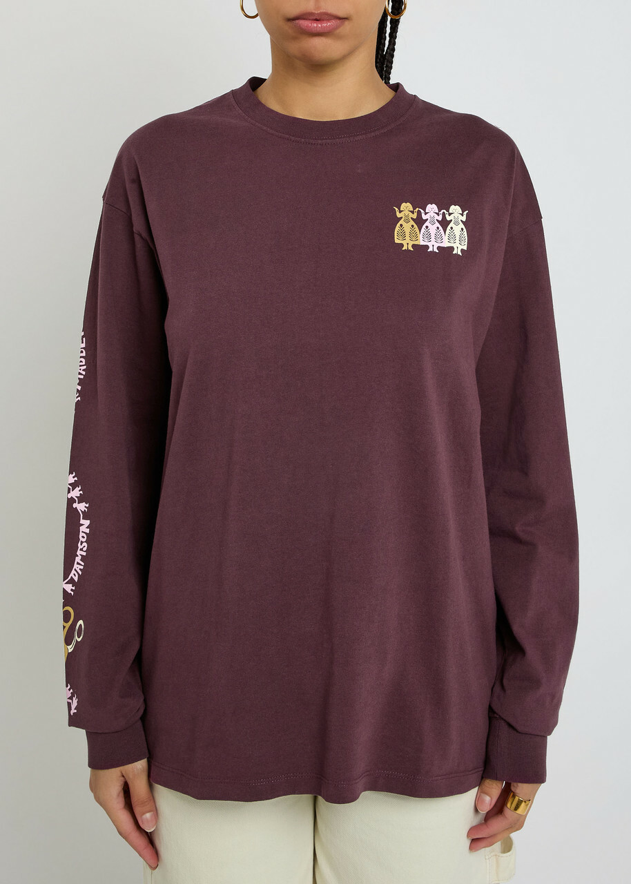 Damson Madder Paper Cut Gals Printed Cotton T-shirt Purple