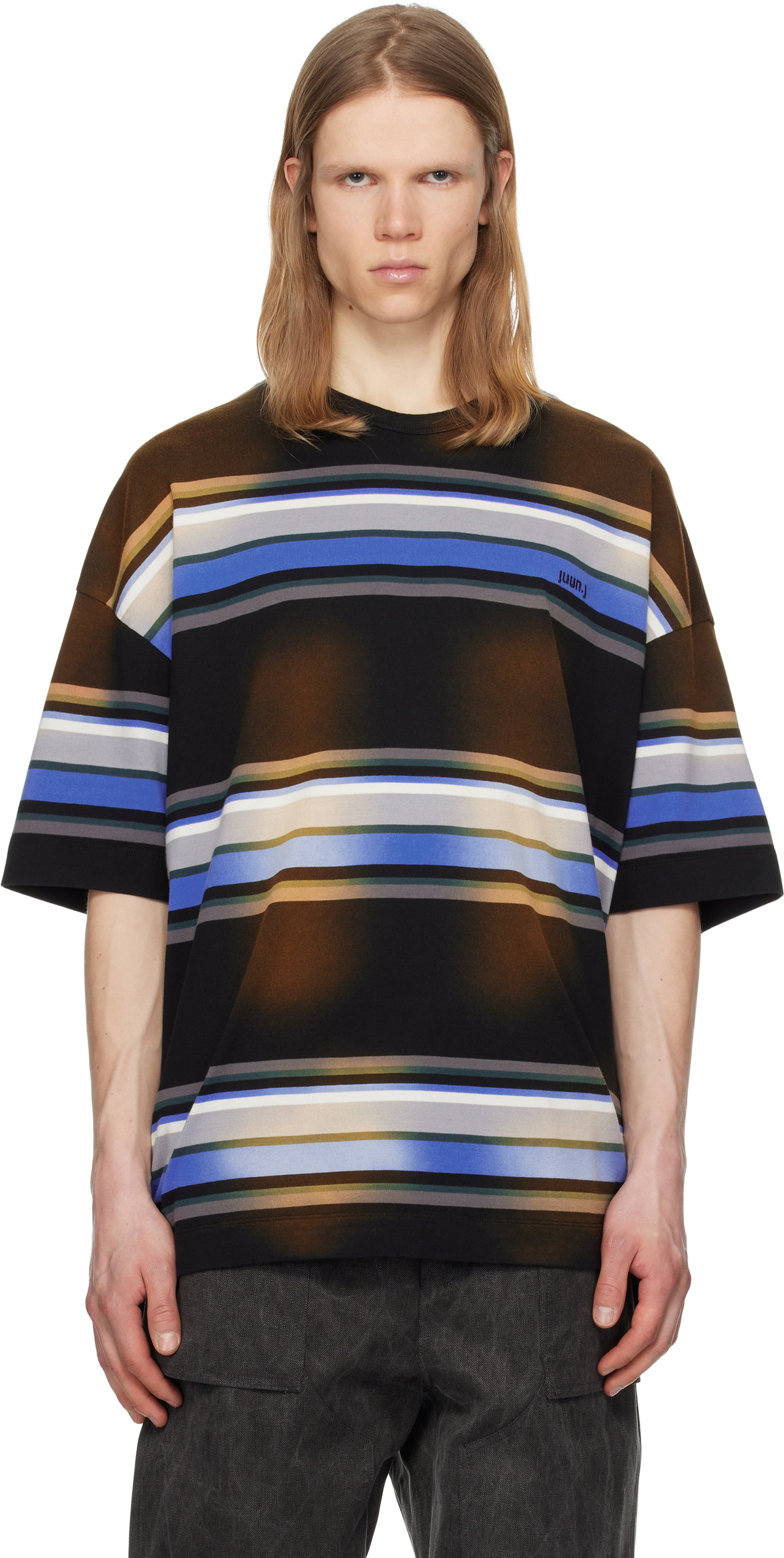Juun.J Brown & Blue Washed Multi Stripe T-shirt