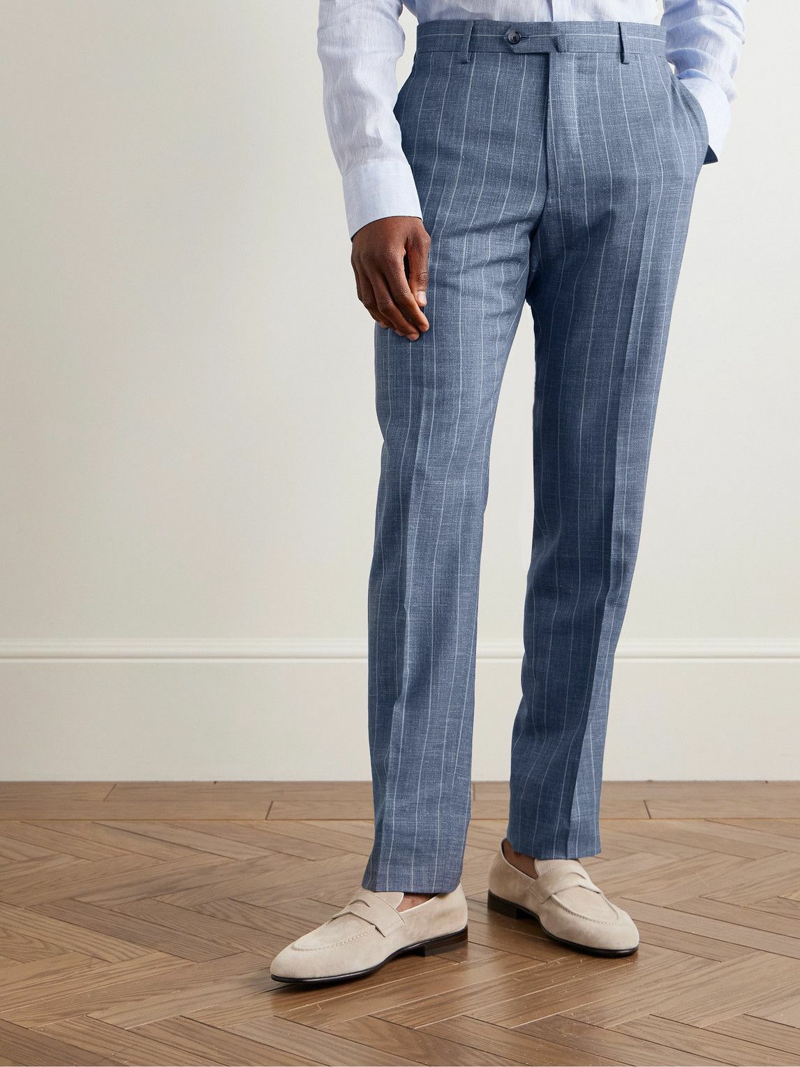 Caruso - Slim-Fit Striped Wool, Silk and Linen-Blend Suit Trousers - Blue