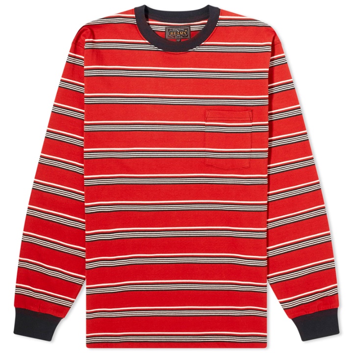 Photo: Beams Plus Men's Long Sleeve Multi Stripe Pocket T-Shirt in Red