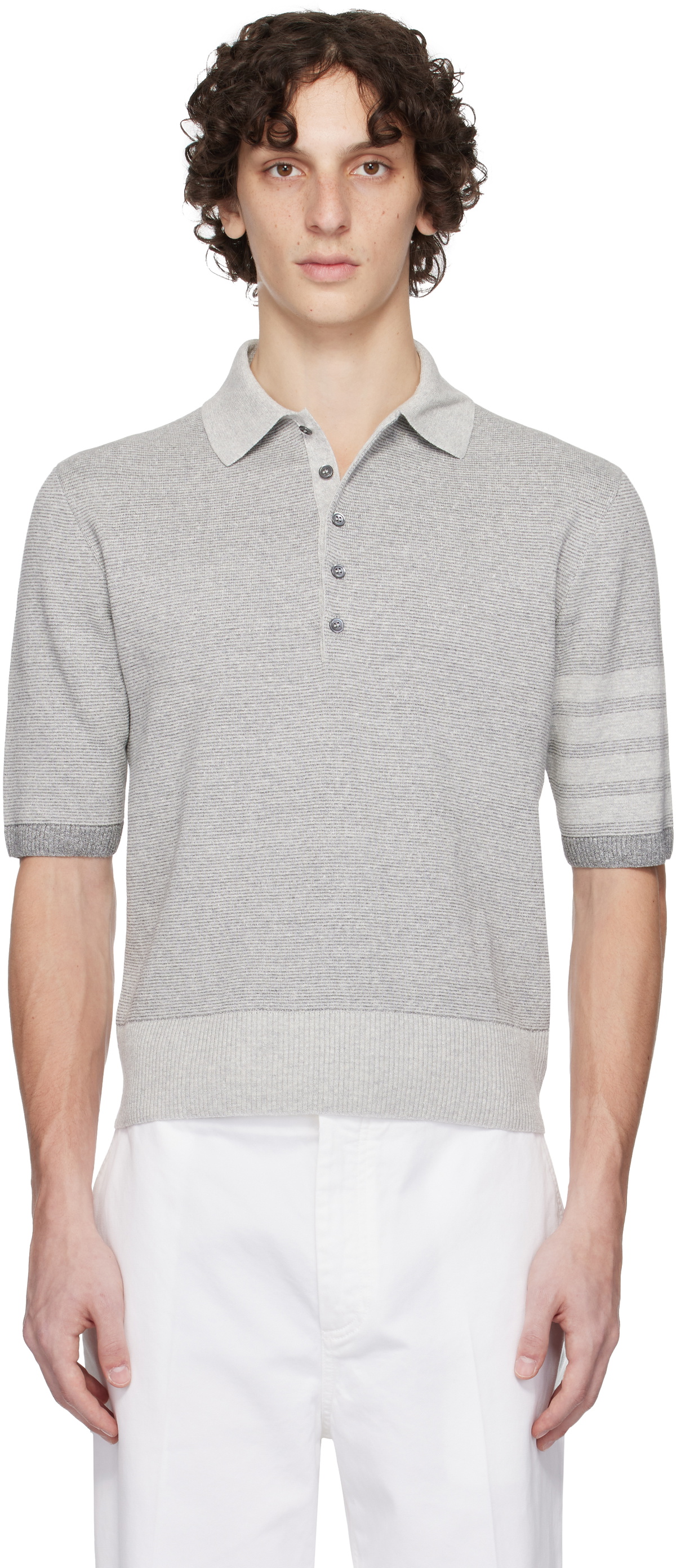 THOM BROWNE ポロシャツ サイズ2 グレー Garment Overdyed Jersey 4-Bar Polo | Thom Browne トップス