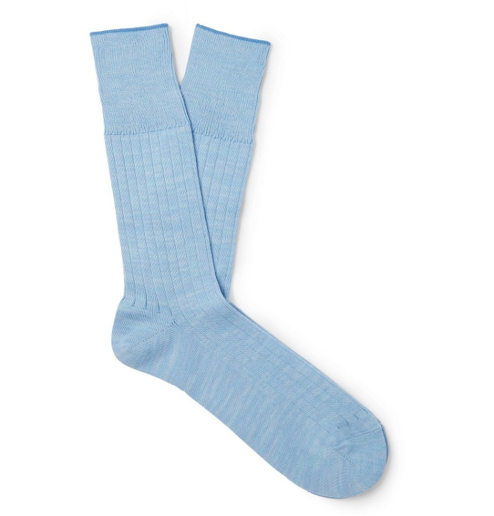 Photo: Mr P. - Ribbed Cotton-Blend Socks - Blue