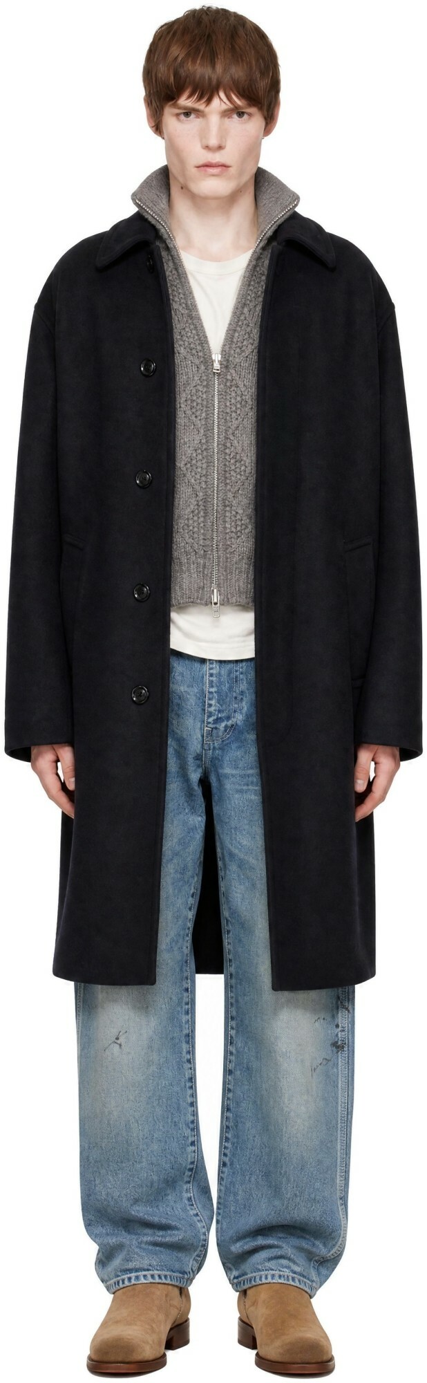 vowels Black Wool Overcoat