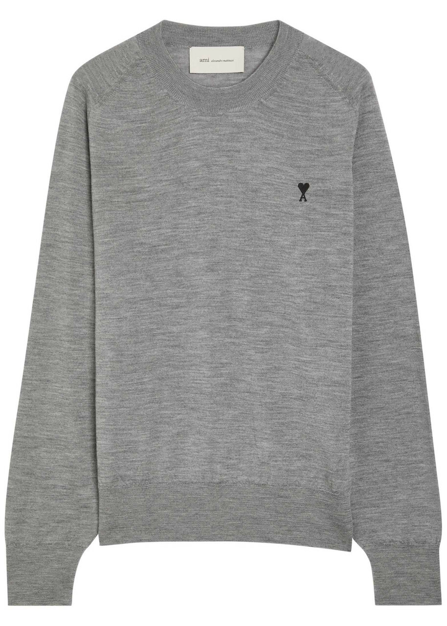 Ami Paris Logo-embroidered Wool Jumper Grey