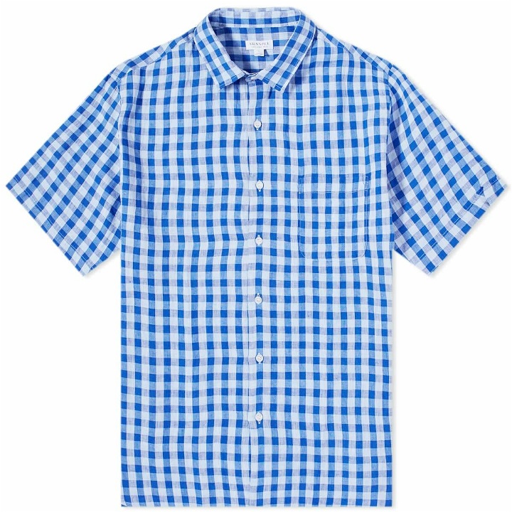 Photo: Sunspel Men's Linen Short Sleeve Shirt in Blue Gingham