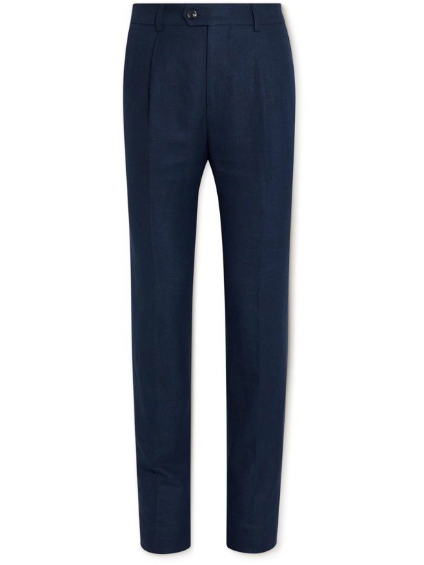 Photo: Brunello Cucinelli - Slim-Fit Linen, Wool and Silk-Blend Suit Trousers - Blue