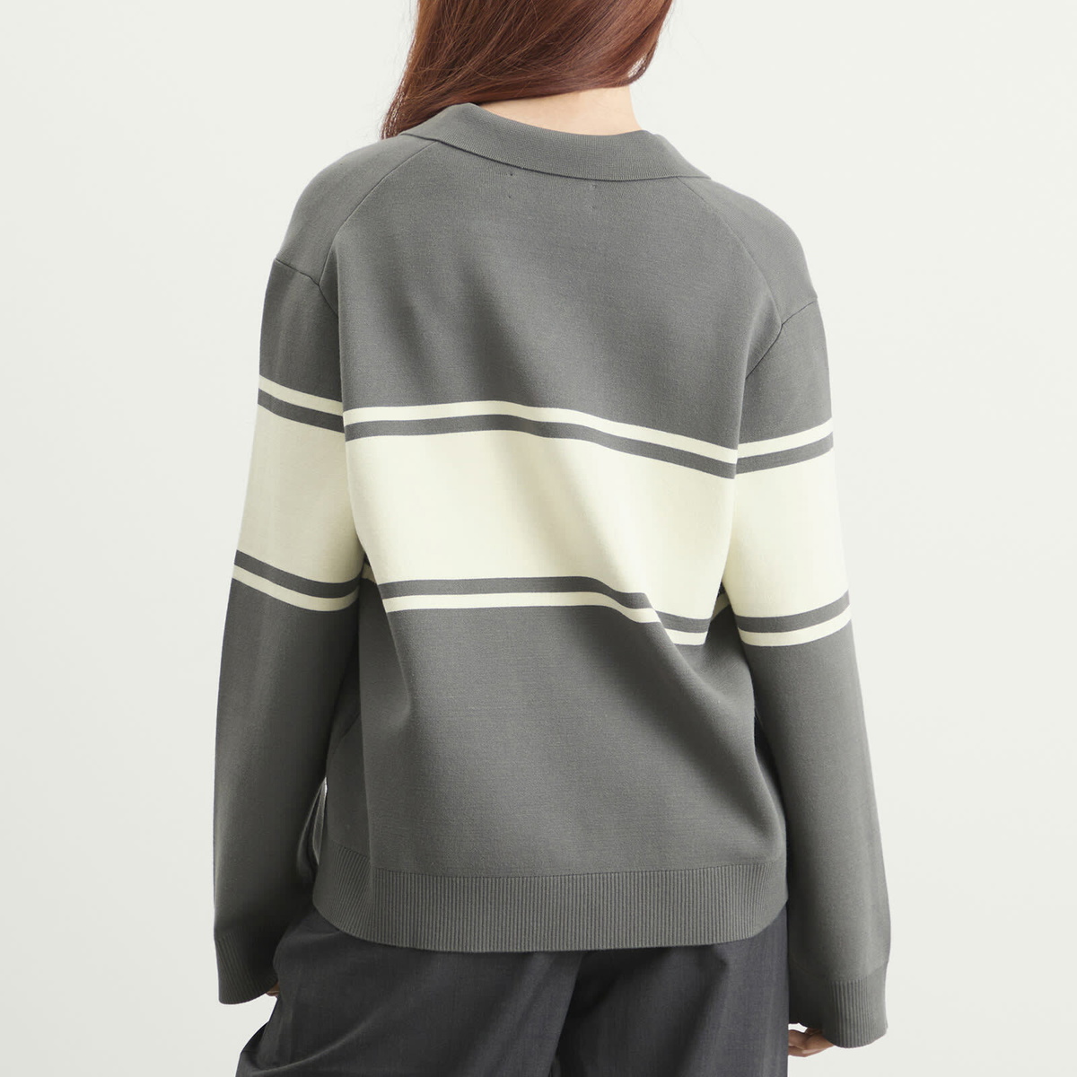 Samsøe Samsøe Women's Saanne Long Sleeve Polo Top in Gunmetal Wide Stripe