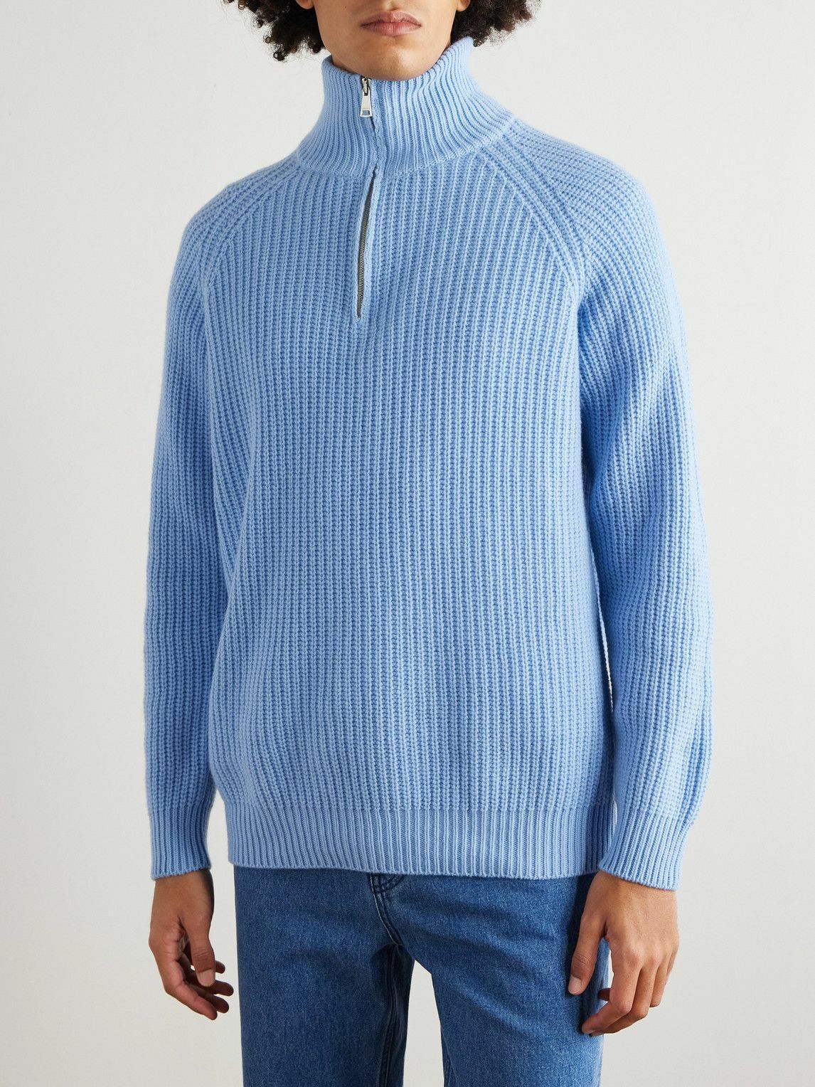 Ghiaia Cashmere - Ribbed Wool Half-Zip Sweater - Blue