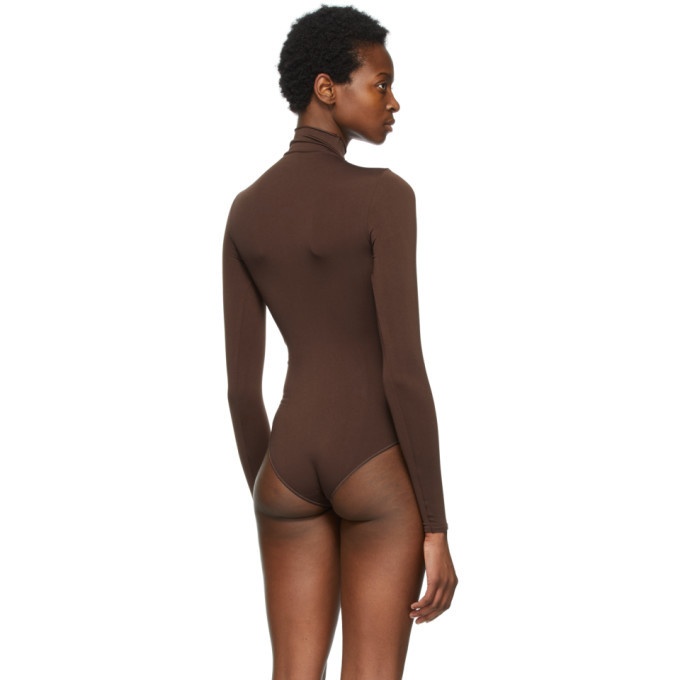 Skims Brown Essential Thong Long Sleeve Bodysuit In Smokey Quartz