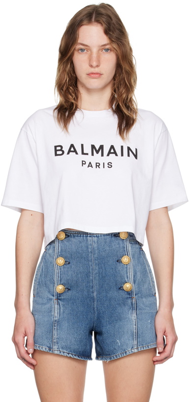 Photo: Balmain White 'Balmain Paris' Cropped T-Shirt