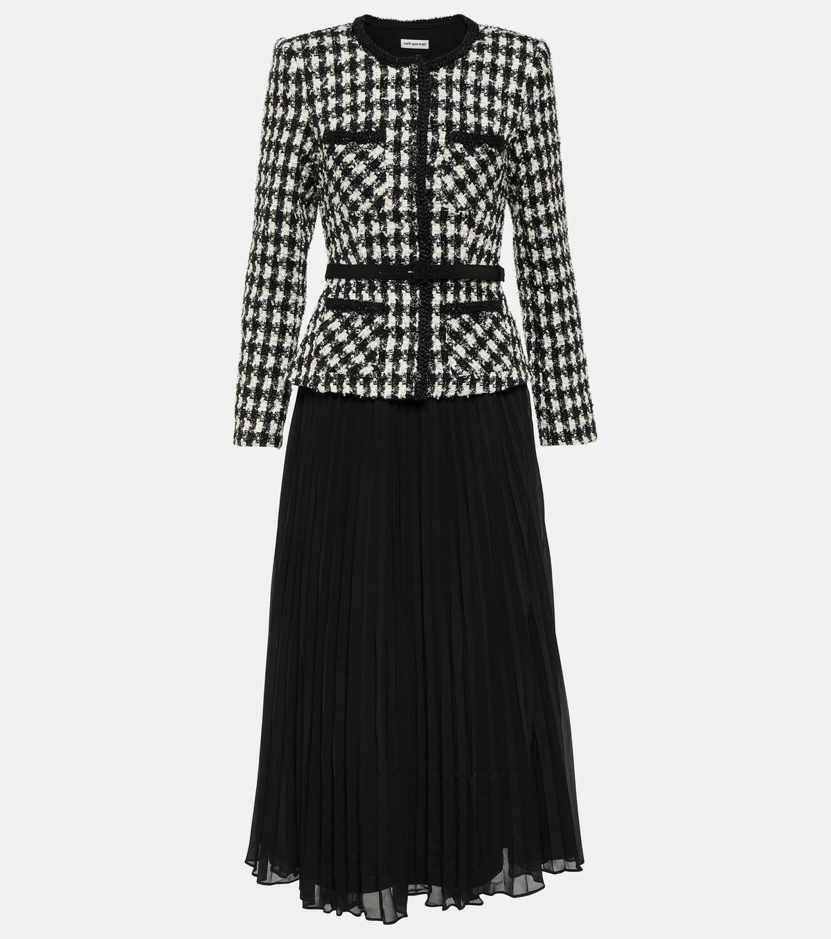 Self-Portrait Checked boucl and chiffon midi dress Self-Portrait Self-Portrait Checked boucl and chiffon midi dress Self-Portrait