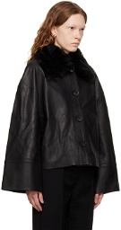 Totême Black Shearling Collar Leather Jacket