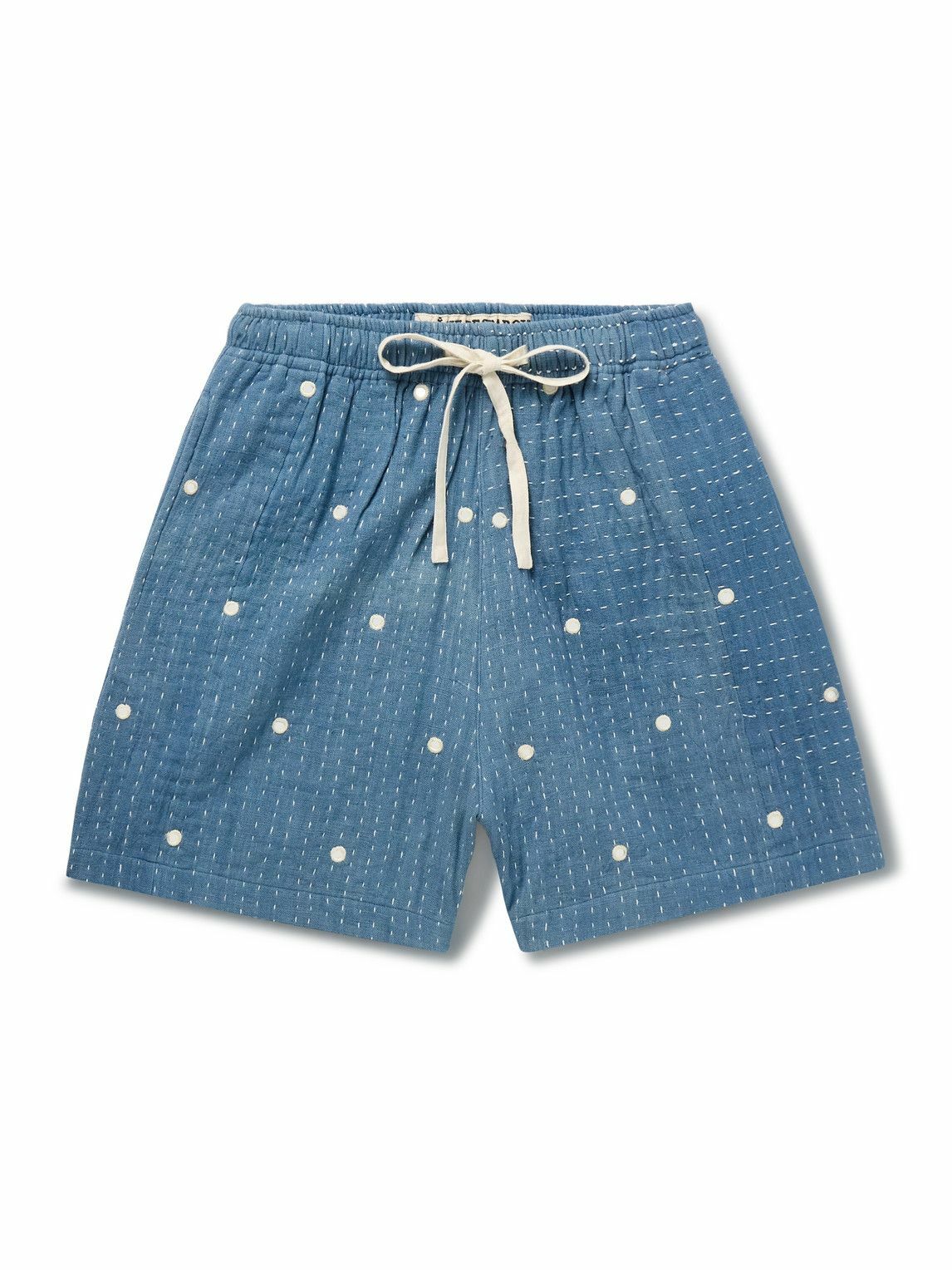 Kartik Research - Straight-Leg Embellished Kantha Cotton Drawstring Shorts - Blue