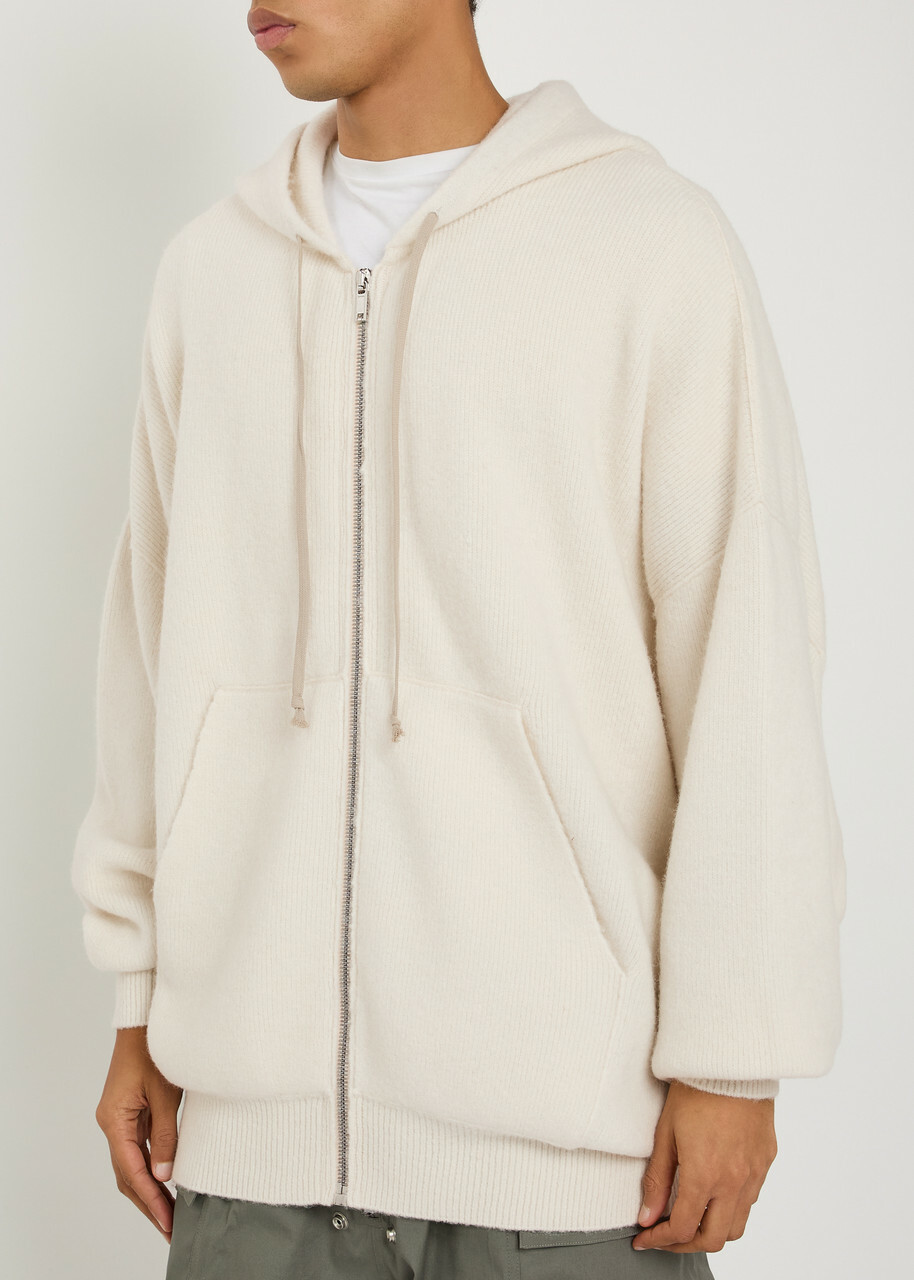 Rick Owens Maglia Zipped Hooded Knit Jumper Cream