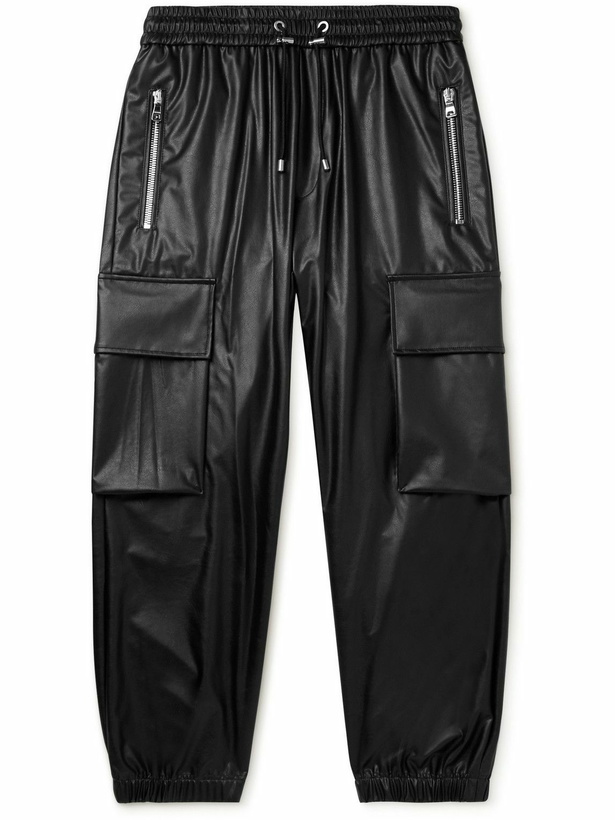 Photo: Balmain - Tapered Vegan Leather Drawstring Cargo Trousers - Black