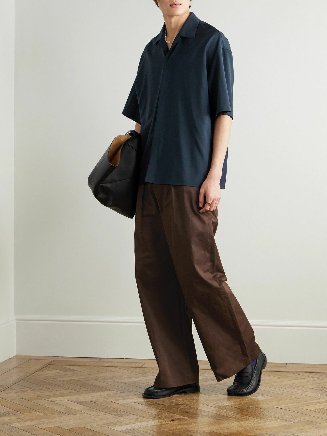 LOEWE - Straight-Leg Pleated Leather-Trimmed Cotton-Twill Trousers - Brown