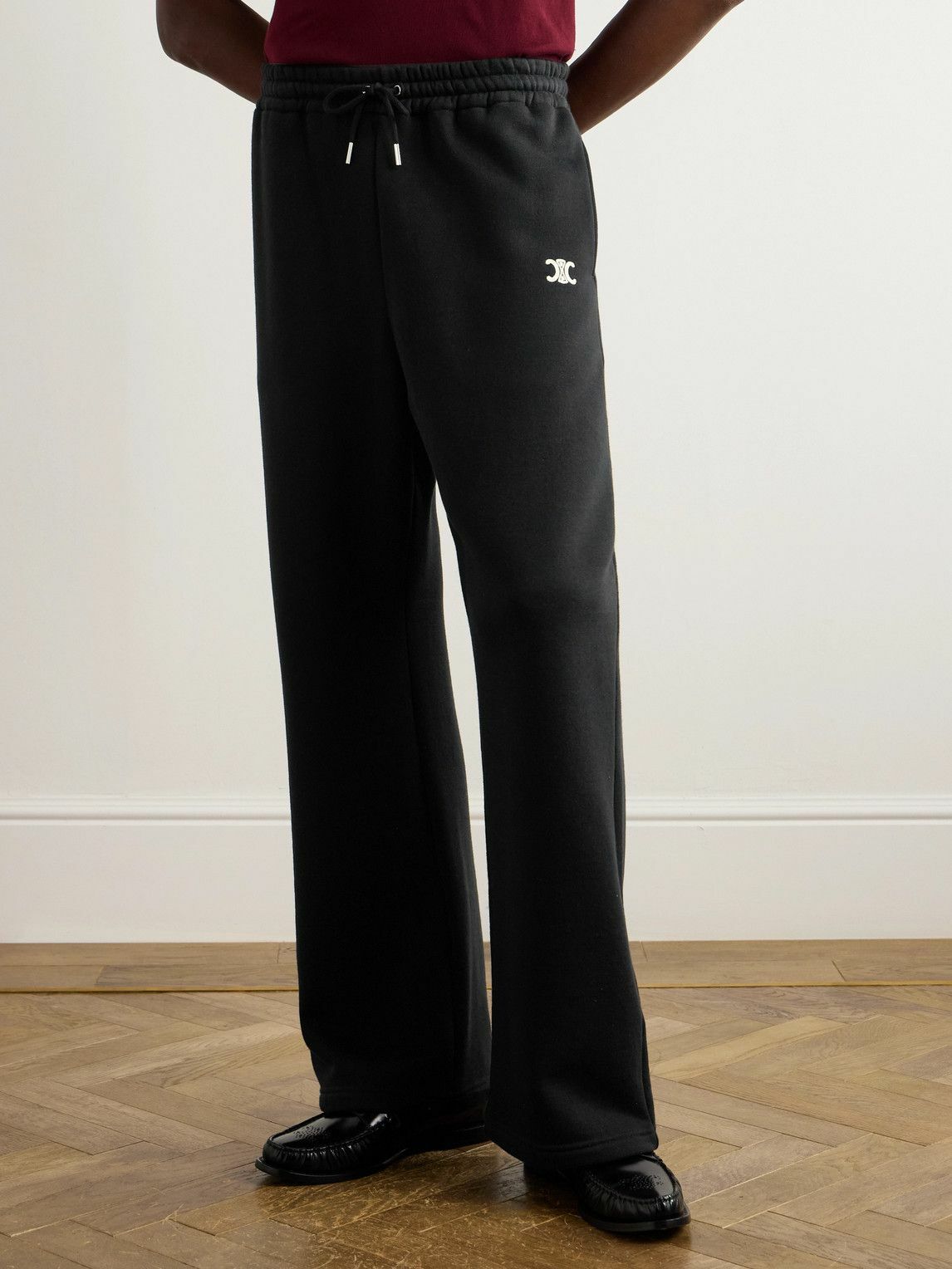 CELINE - Triomphe Straight-Leg Logo-Embroidered Cotton and Cashmere-Blend Jersey Sweatpants - Black