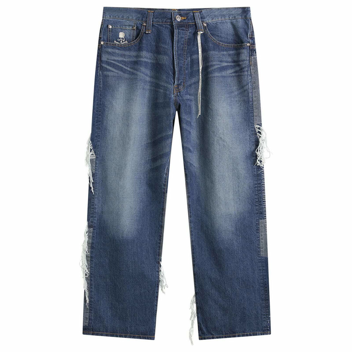 MASTERMIND WORLD Men's Patchwork Jacquard Straight Denim Pants in Indigo