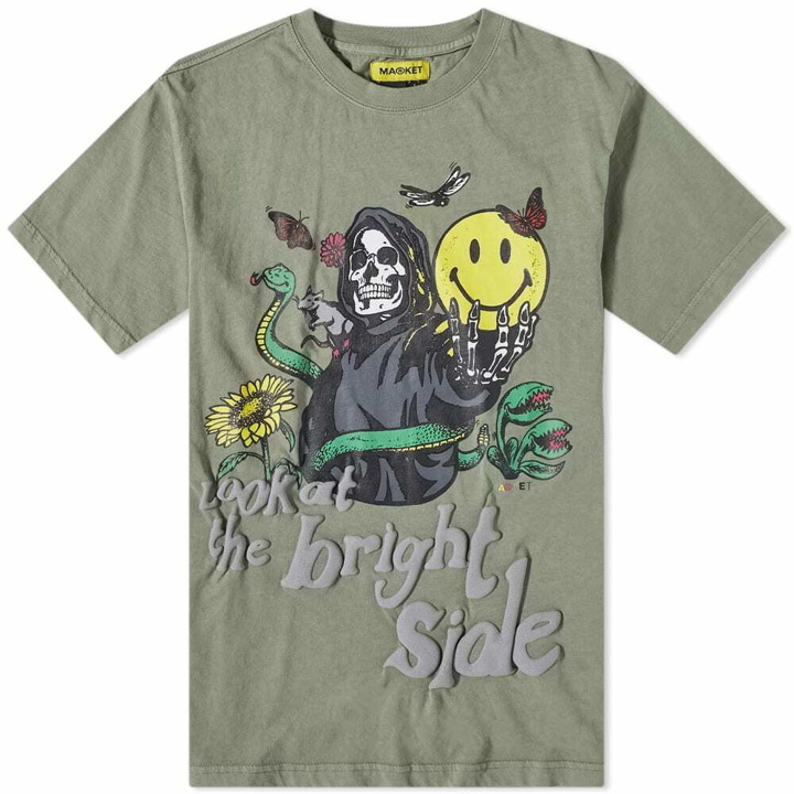 Photo: MARKET Men's Smiley Look At The Bright Side T-Shirt in Sage Green