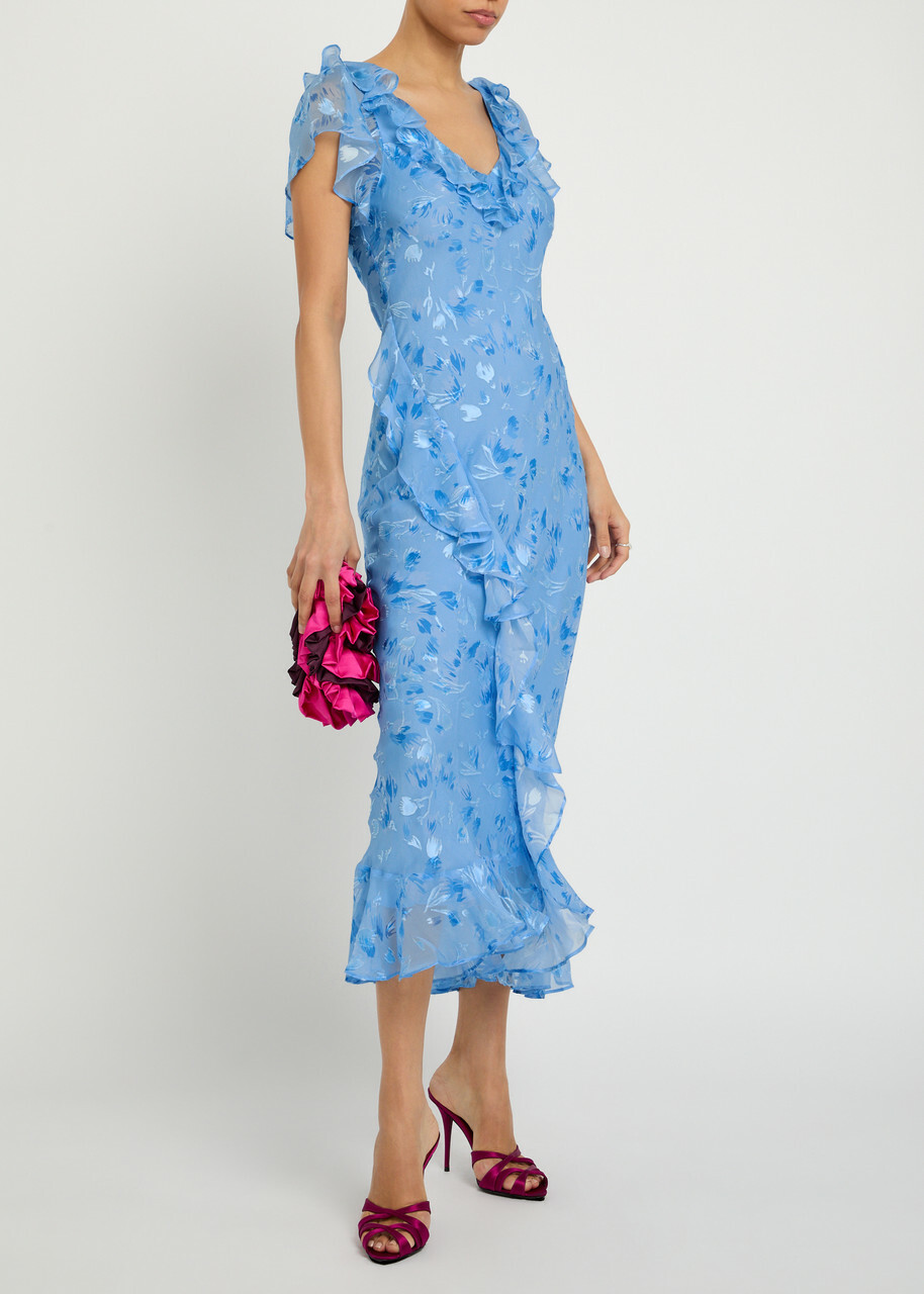 Rixo Meadow Devoré Silk-blend Maxi Dress Blue