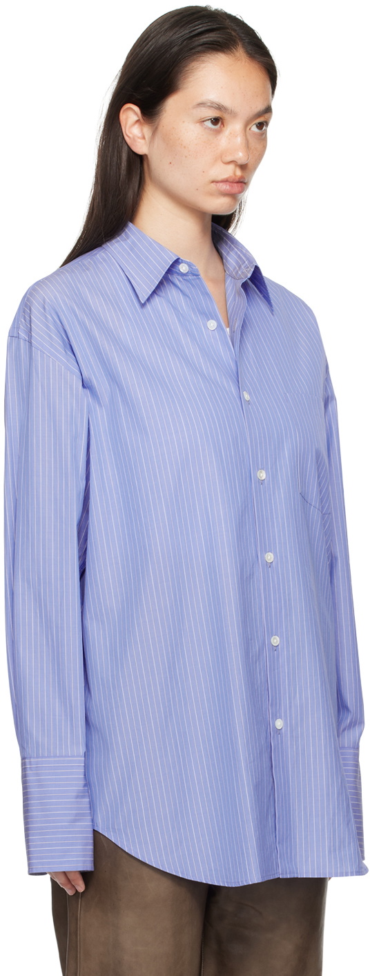 AURALEE Blue Suvin High Count Cloth Stripe Shirt Auralee