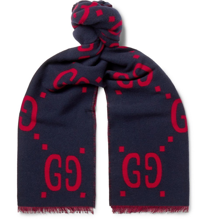 Photo: Gucci - Fringed Logo-Jacquard Brushed Wool and Silk-Blend Scarf - Navy