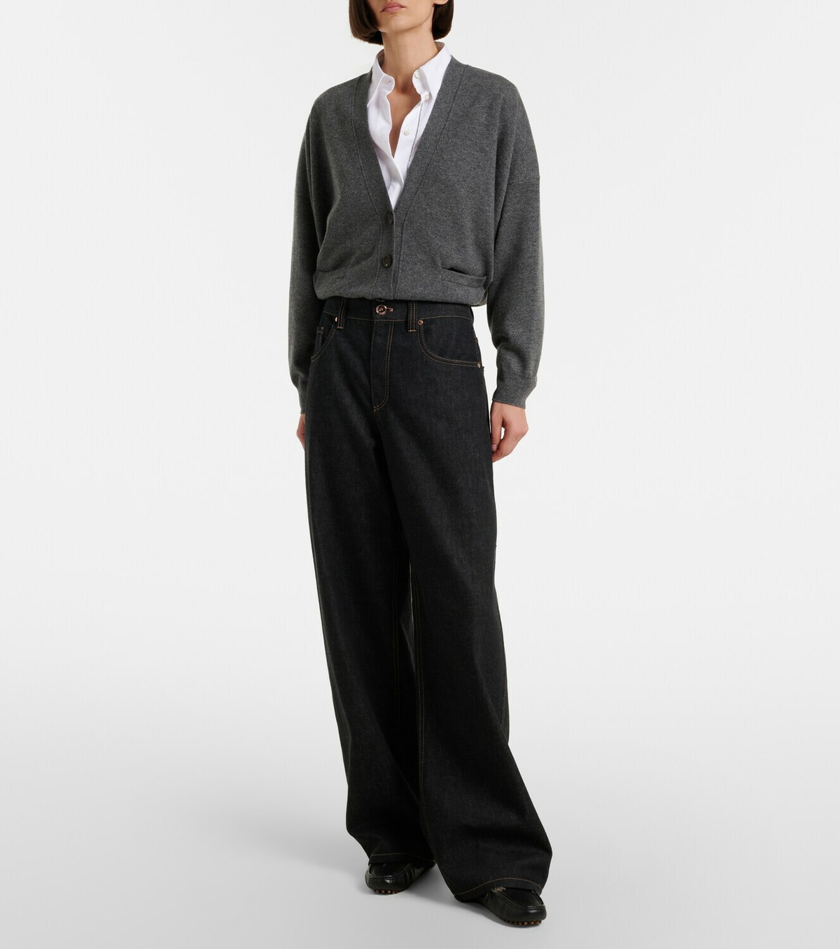 Brunello Cucinelli Leather-trimmed wide-leg jeans