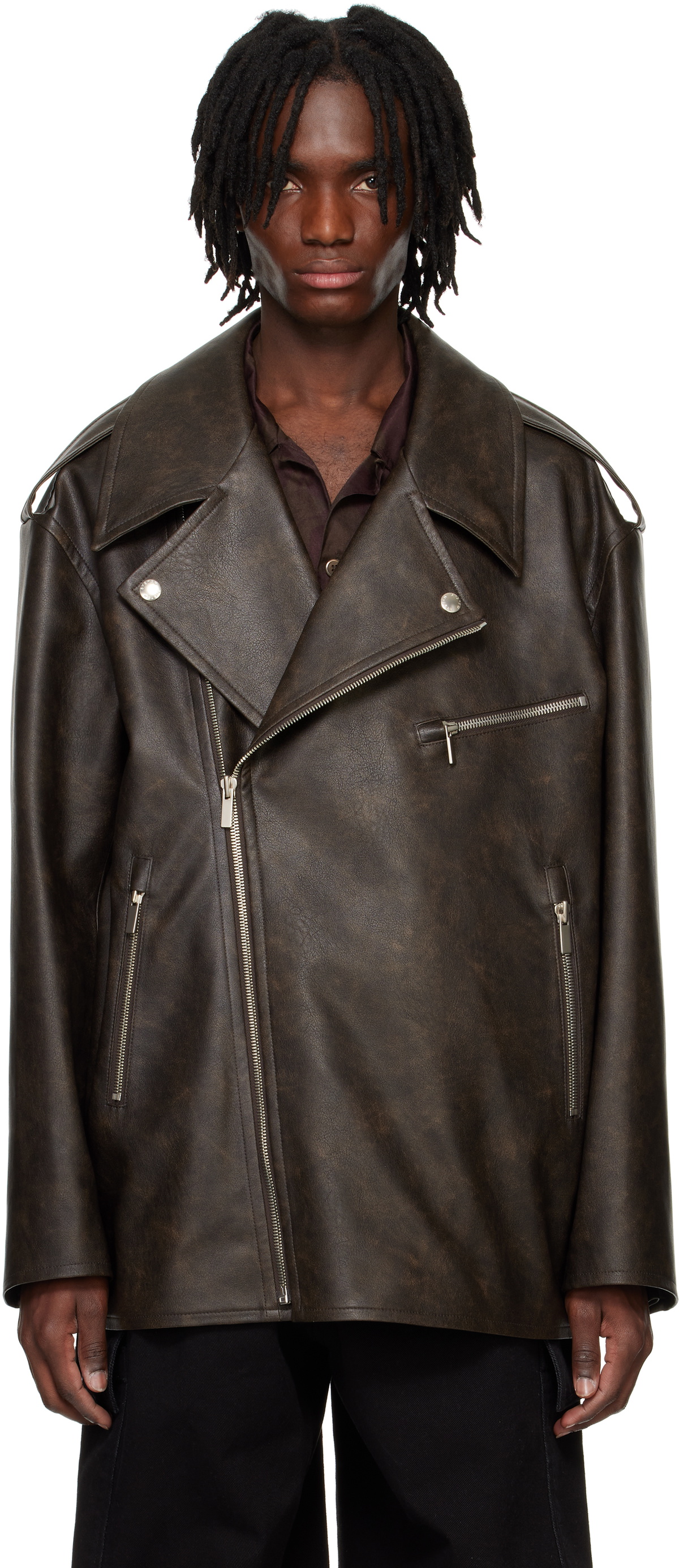 System Brown Knotted Faux Leather Jacket