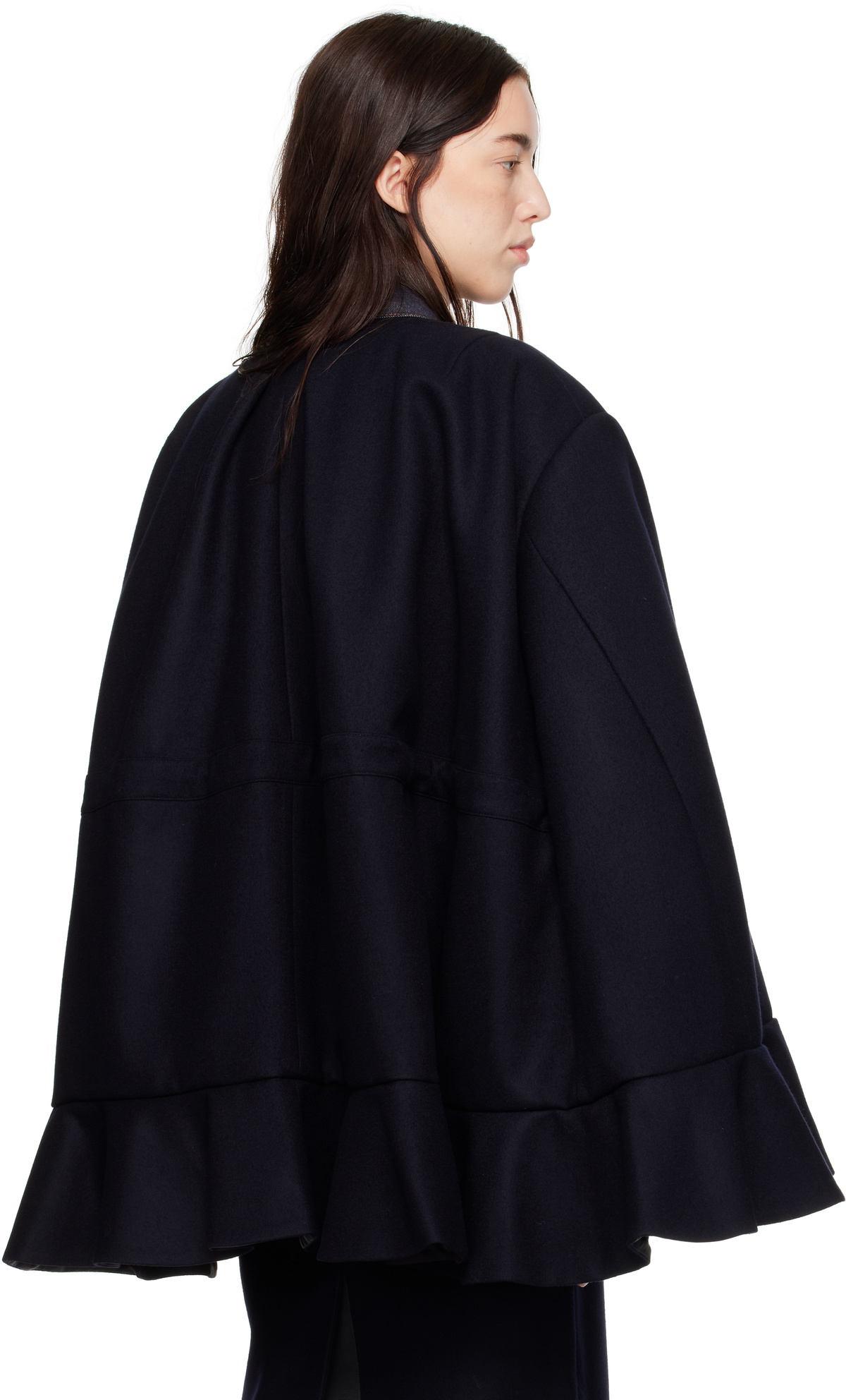 sacai Navy Wool Melton & Denim Cape Jacket Sacai