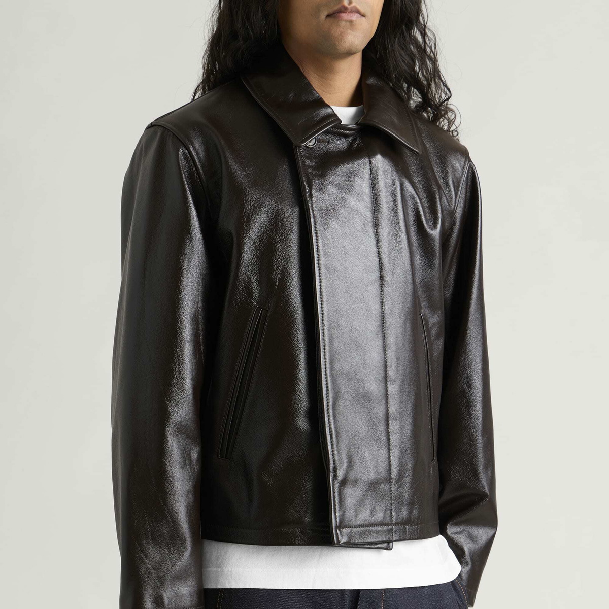 Sage Nation Men's Fold Leather Blouson in Dark Brown