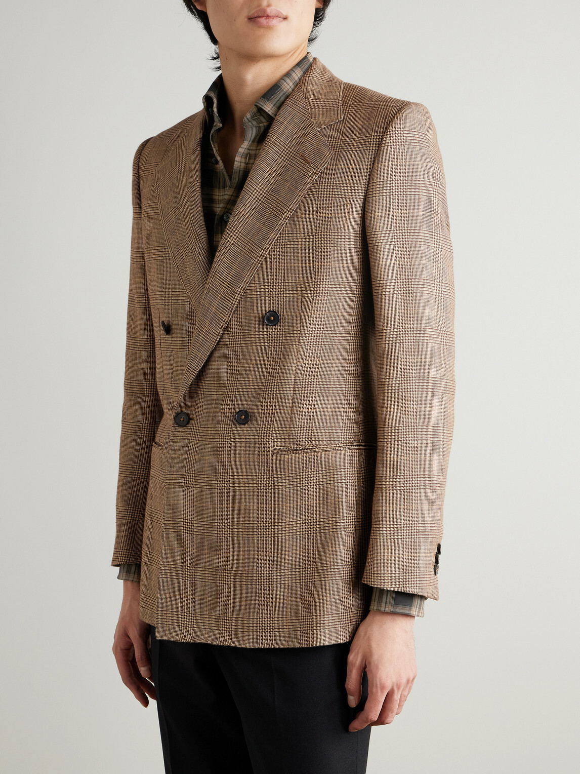 Husbands - Double-Breasted Prince of Wales Checked Worsted Wool and Linen-Blend Blazer - Brown