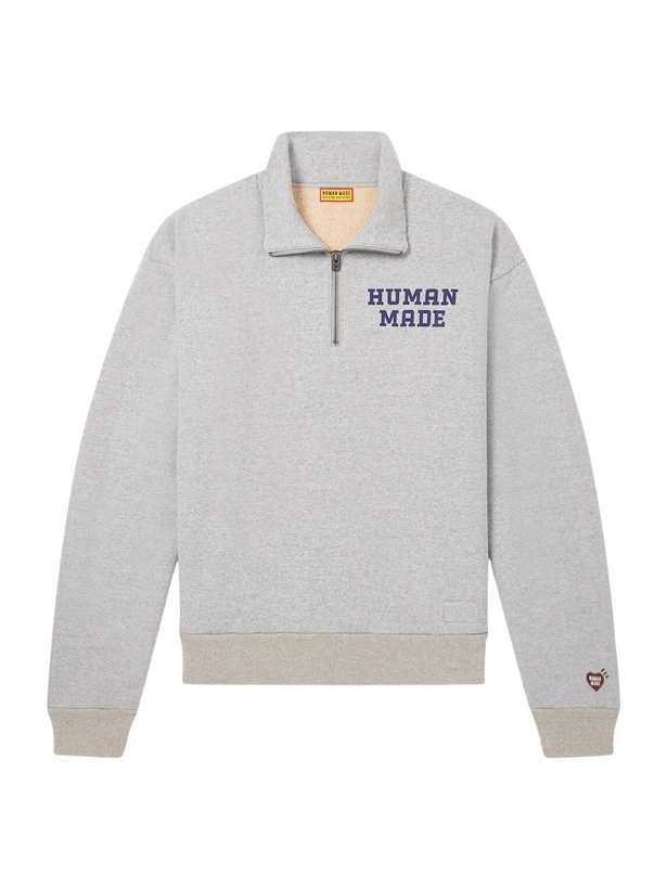 Photo: Human Made - Logo-Print Cotton-Jersey Half-Zip Sweatshirt - Gray