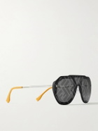 Fendi - Aviator-Style Logo-Print Silver-Tone and Acetate Sunglasses